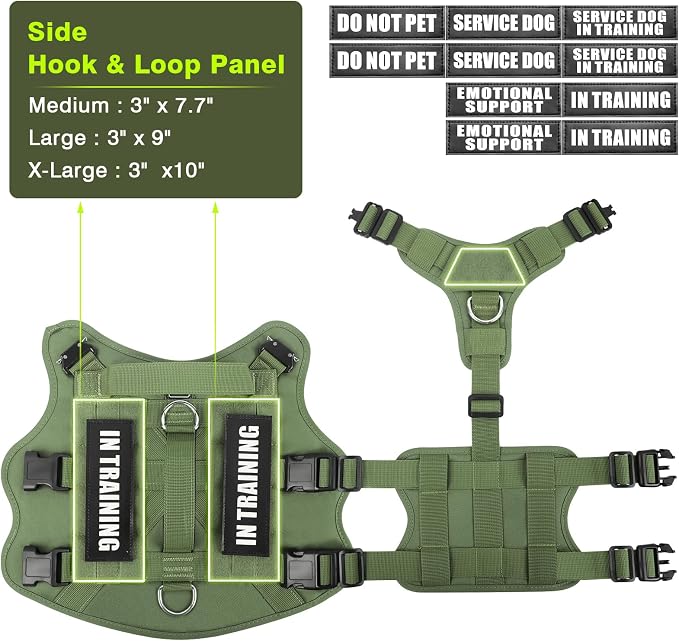 Tactical Dog Harness with Dog Leash, Service Working MOLLE Vest with 10 Pet Patches for Dog, No Pull Military Harness and Backpack for Training Hunting Walking