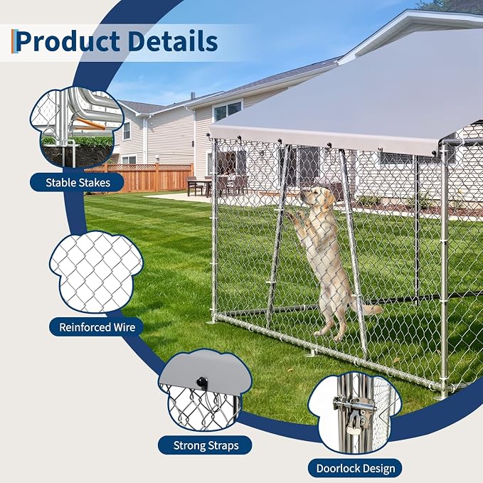 GarveeLife Outdoor Dog Kennel with Waterproof Cover, Dog Kennel Outside with Adjustable Bowls Feeder, Outdoor Dog Enclosure for Medium Large Dogs, 10ftx10ftx5.9ft