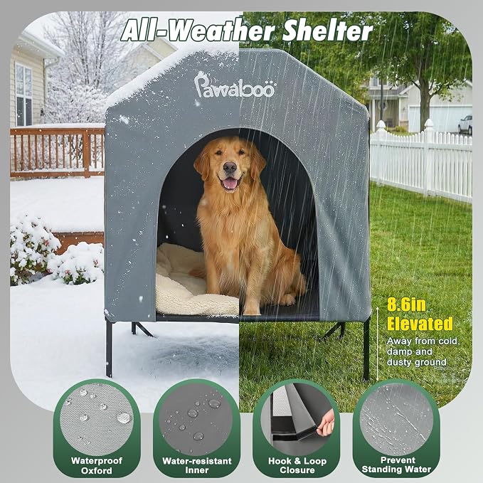 Pawaboo 47" XL Dog House Outdoor Weatherproof, with Breathable Mesh Windows | Elevated Dog Cot Bed Dogs Tent Shade, Indoor/Outdoor Sunshades Large Dogs Shelter, Grey