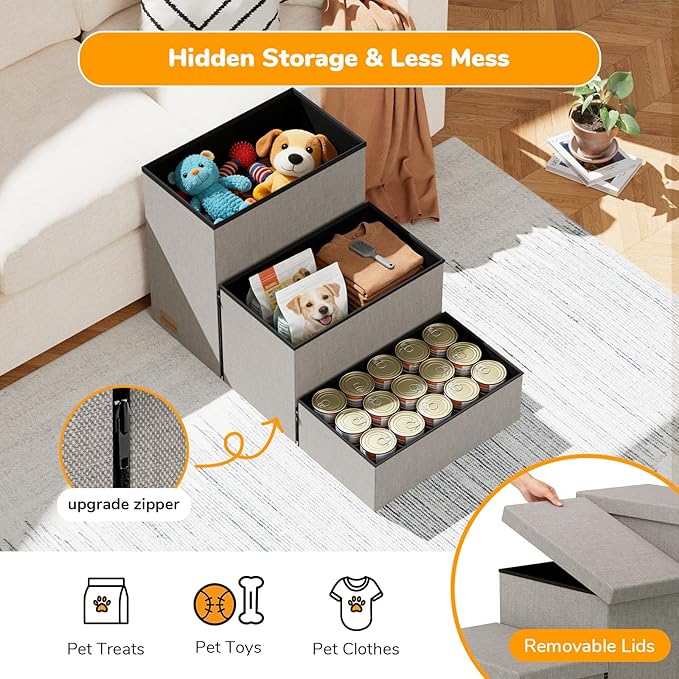 3-Step Wide Dog Stairs with Storage 18" H, Non-Slip Sturdy Pet Steps for High Bed Couch Window, Pet Stairs for Small/Medium/Large Old Dogs Cats Up to 200lbs, Cat Dog Steps for Car/SUV, Grey