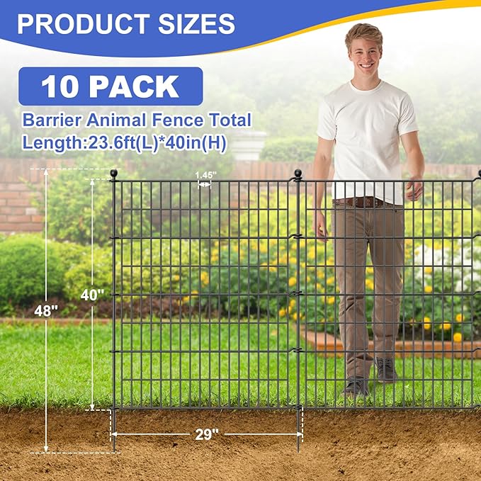 10 Panels No Dig Garden Fence Outdoor for Yard, 40 in(H) X 23.6 ft(L) Animal Barrier Pet Fencing Rustproof Decorative Metal Wire Panel Border for Dog, Rabbits, and Patio Temporary Ground Stakes