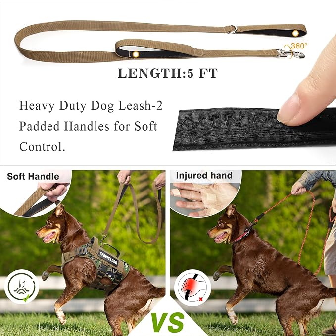 Tactical Dog Harness with Dog Leash, Service Working MOLLE Vest with 10 Pet Patches for Dog, No Pull Military Harness and Backpack for Training Hunting Walking