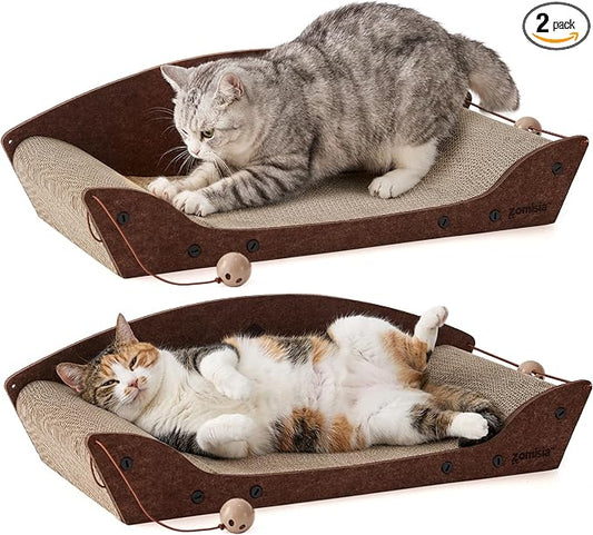 ZOMISIA 2 Pack 26'' Cardboard Cat Scratcher Bed - Large Scratcher Couch for Indoor Cats, Orthopedic Scratching Board, Lounger Scratching Couch with Bells