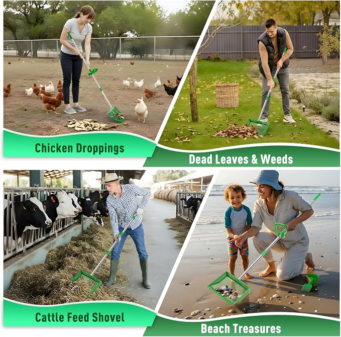 Large Chicken Poop Scooper: 2-in-1 Metal Pooper Scooper & Rake Adjustable 62" Long Handle Stainless Steel Sand Sifting Litter Shovel Chicken Coop Scoop Cleaning Tool for Goat Yard Bright Green
