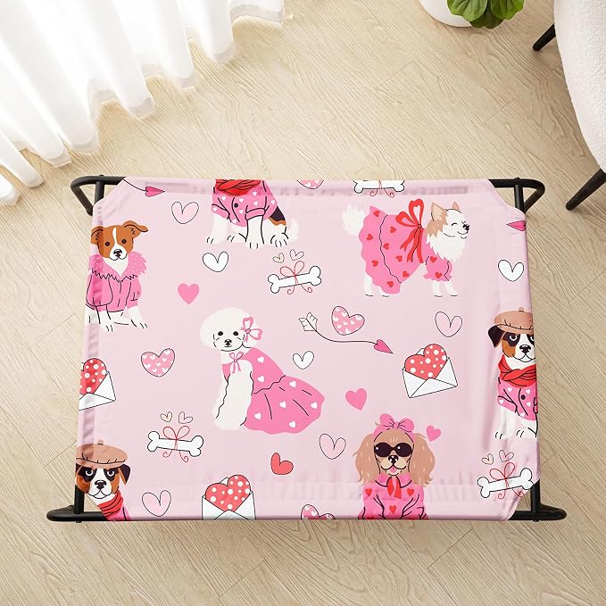 QOOMO Elevated Dog Bed with Cooling Fabric, Pet Cot for Small and Big Dogs, Indoor and Outdoor Use, Joint Relief, Cute Printed Cushion Included (Princess Dog, 47.24" L*31.89" W*9.45" Th)
