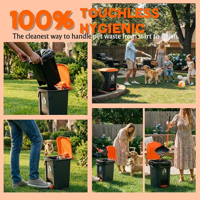 Pooper Scooper 6 Pack Set -INCL 15L Trash Can Outside, 20 Waste Bags, 38" Long Handle Dog Pooper Scooper Rake Tray Spade Set for Large Dog,OdorLock Step Can for no Touch Dog Poop for Grass/Gravel