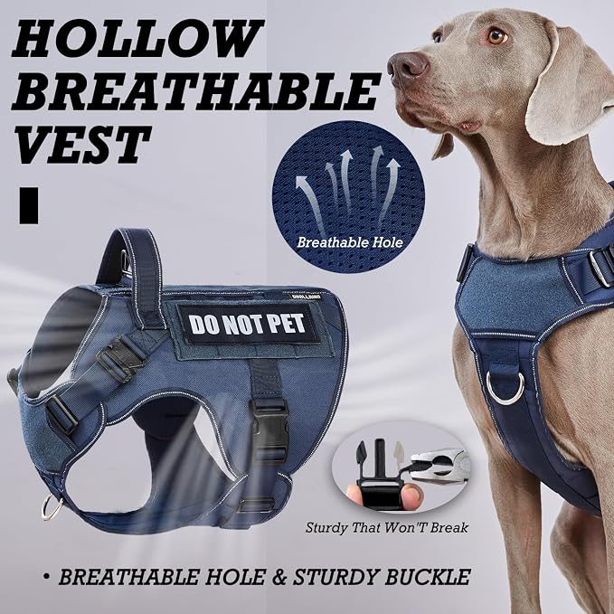 Tactical Dog Harness for Large Dogs, Heavy Duty Dog Harness with Handle, Adjustable Reflective Military German Shepherd Dog Vest Harness with Do Not Pet Patches for Hiking Training Blue