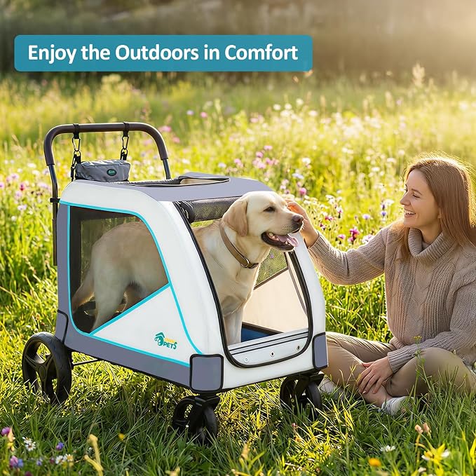 Ownpets Extra Large Dog Stroller for Large Breeds, 154 lbs Capacity, Black | Low 12" entry, one-click fold, all-terrain rubber wheels, spacious 38"x28" cabin, waterproof, safety tether