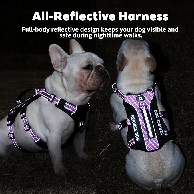 Service Dog Vest Harness, Escape Proof Harness with 6 Patches, No-Pull, Reflective Harness with Handle, Adjustable for Small to Large Dogs, for Training and Hiking (Lavender Purple, L)