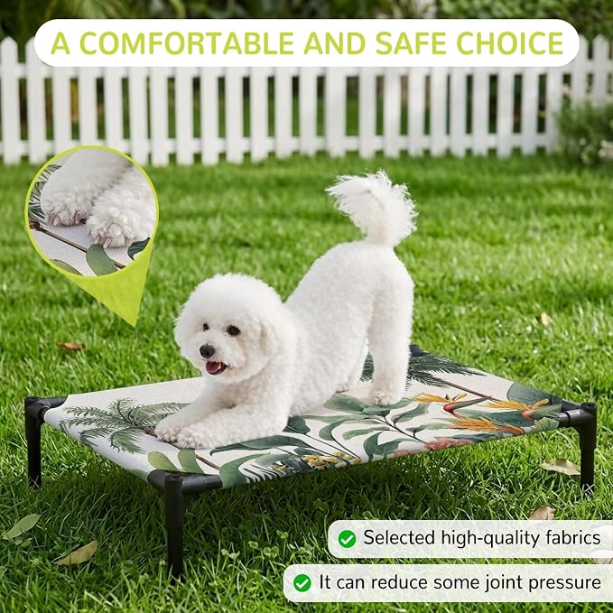 Outdoor Elevated Dog Bed for Large Dogs, Summer Palm Tree Breathable Cooling Raised Dog Cot for Indoor/Outdoor, Tropical Botanical Floral Coastal Rustic Waterproof Elevated Pet Beds, L 28 x 22 in