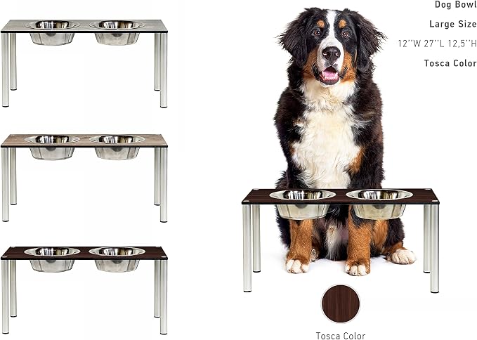 Raised Pet Bowls for Cats and Dogs, Outdoor Elevated Dog Cat Food and Water Bowls Stand Feeder on Aluminum Legs with 2 Stainless Steel Bowls Sizes for Small Medium and Large Dogs. Large (Tosca)