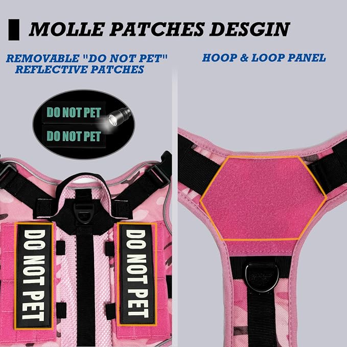 Tactical Dog Harness for Medium and Large Breeds, Air Dog Vest No Pull with Reflective Do Not Pet Patches, Breathable Dog Molle Vests for Training Walking Hunting Camo Pink
