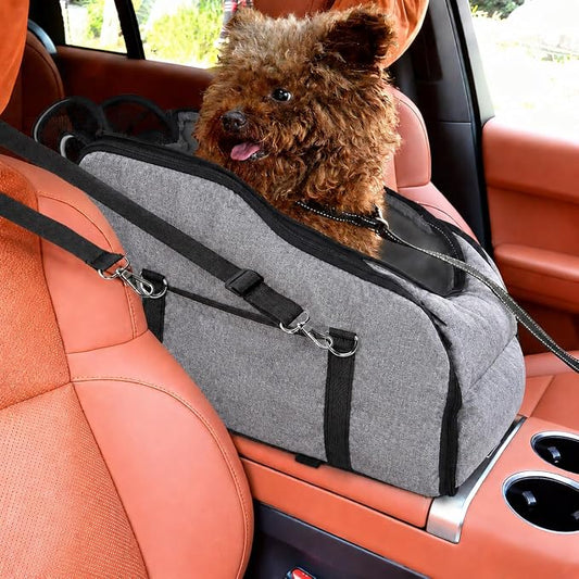 Dog Car Seat for Small Dogs & Cats, Center Console Pet Carrier with Foldable Top Window, Non-Slip Safety Straps, Portable Travel Backpack