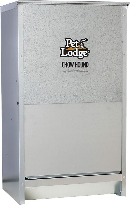 Pet Lodge® Automatic Dog Feeder | Chow Hound Outdoor Pet Feeder for Large Dogs | Tough Galvanized Steel | Made in USA | 50 Pound | Large Refillable Home Feeding Containers and Storage Dispensers for Dogs, Silver