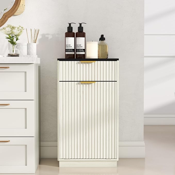 10-Gallon Single Tilt Out Trash Can Cabinet with Drawer,Kitchen Trash Can Cabinet Garbage Recycling Cabinet Wooden Dog-Proof Trash Cabinet for Dining Room and Kitchen,Laundry Room