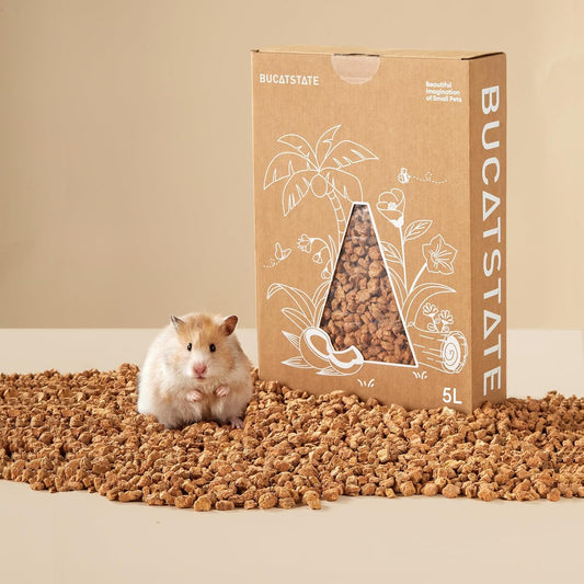 BUCATSTATE Cork Bedding 5L, Natural Hamster Bedding Odor Control for Dwarf Syrian Hamsters, Gerbils, Mice, Low-dust Hamster Substrate with Paper Hideout Box (Grain 4-5mm)