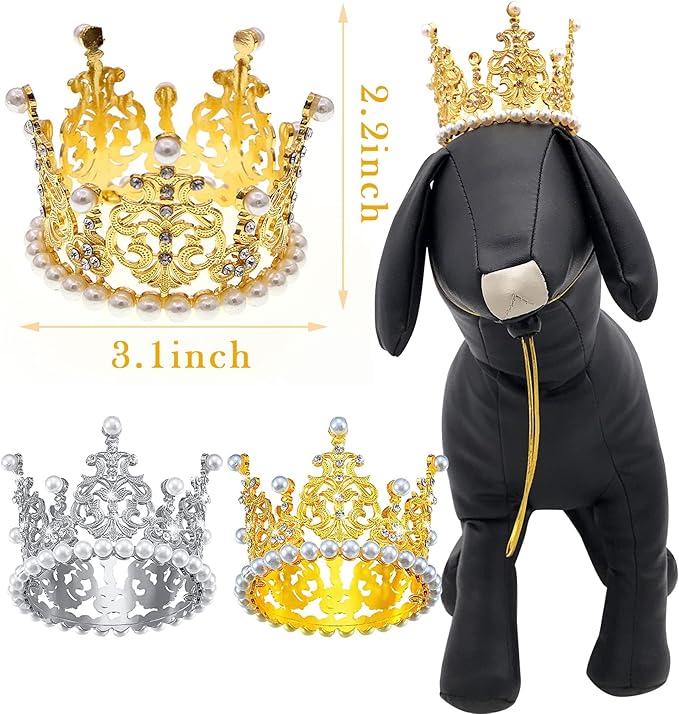 PET SHOW 2pcs Medium Dog Crown Headband Puppies Cat Hat for Birthday Party Silver Gold Rhinestone Faux Pearl Crown for Pets Wedding Hair Accessories Photo Prop Costume