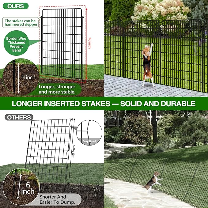 10 Panels Garden Fencing Animal Barrier, 48 in(H) X 24 Ft(L) Dog Fence Outdoor for Yard Rustproof No Dig Decorative Tall Garden Fence Metal Wire Panel Border Rabbit Ground Stakes Fencing
