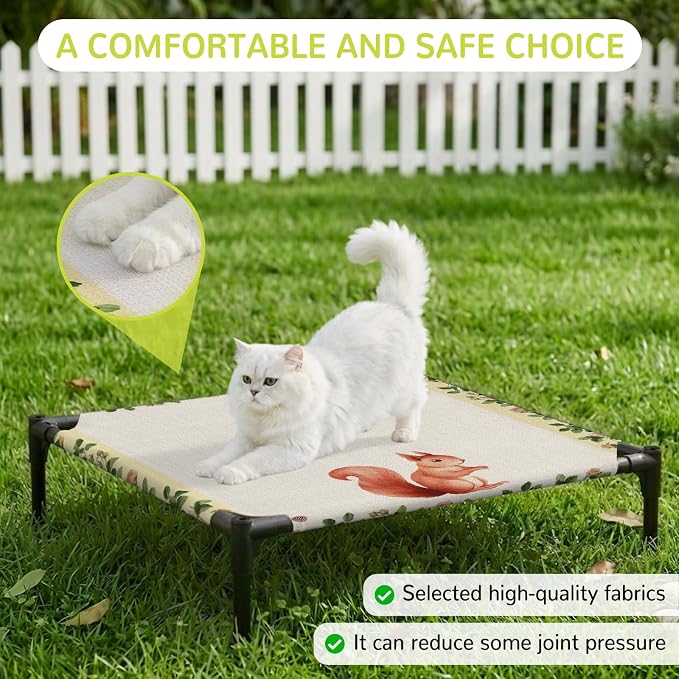 Outdoor Elevated Dog Bed for Small Dogs, Country Squirrels Breathable Cooling Raised Dog Cot for Indoor/Outdoor, Farmhouse Rustic Flower Leaf Plant Beige Waterproof Elevated Pet Beds, S 20 x 20 in