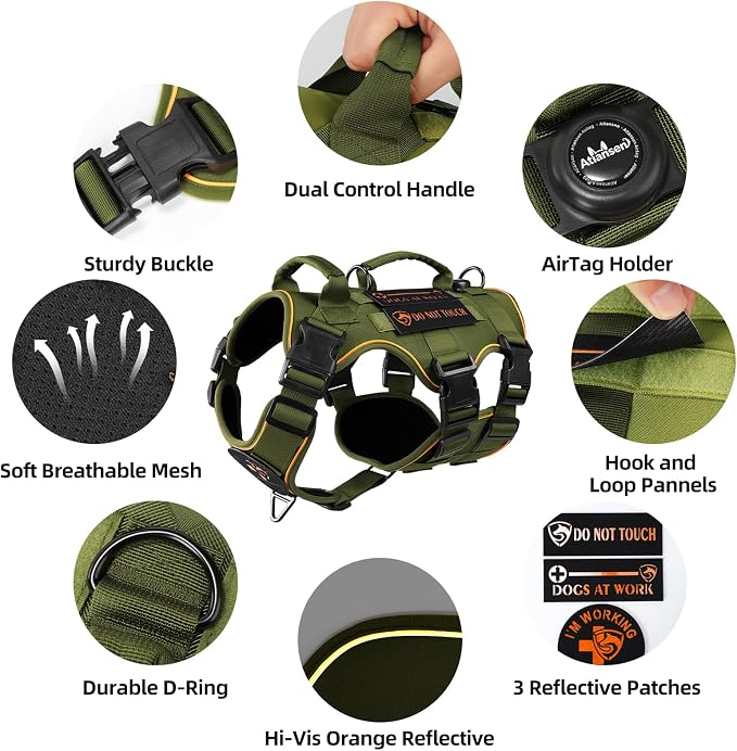 Reflective Tactical Dog Harness with AirTag Holder&3 Pet Patches, Green L | Heavy Duty No Pull Dog Harness, Adjustable Dog Harness, Two Handles, Breathable Mesh Padding, Resists Dirt and Stay Clean