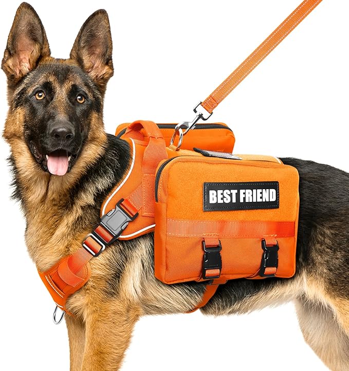 Dog Backpack Harness and Leash Set for Large Dogs Orange XL | Removable Side Pockets Dog Vest with Padded Handle&MOLLE,No Pull Front&Back Metal Clips for Hiking Training Walking Hunting