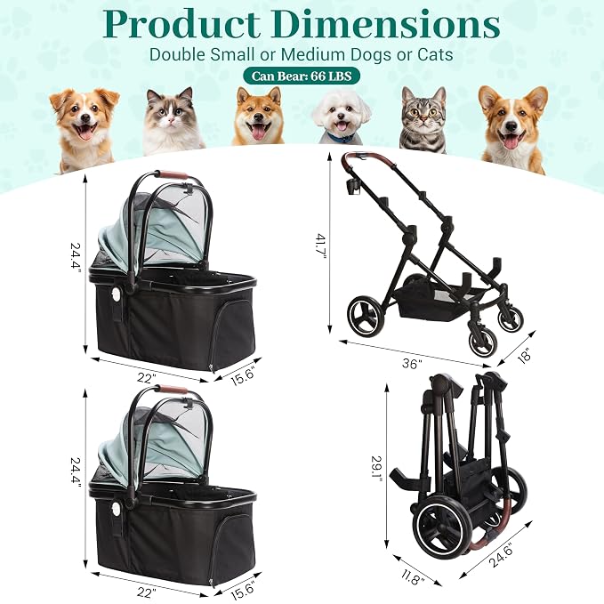 Foldable Double Pet Stroller for 2 Small Medium Cats Dogs | Convertible single/double | Detachable carriers | All-terrain wheels & shock | Safety brakes & tether | Breathable oxford
