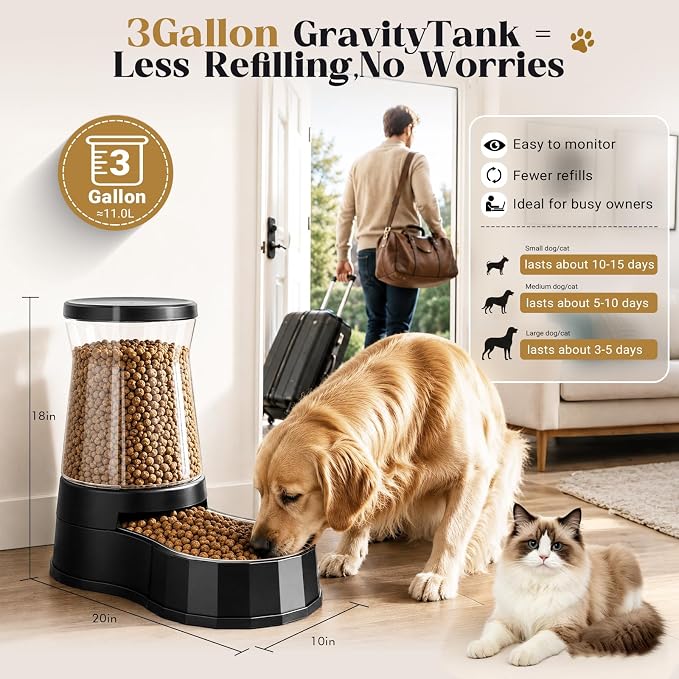 Automatic Dog Feeder Dispenser 3 Gallon/11L Gravity Stainless Steel Dog Food Feeder, BPA-Free Large Capacity Food Feeding Bowls for Medium & Large-Sized Dogs,Cats
