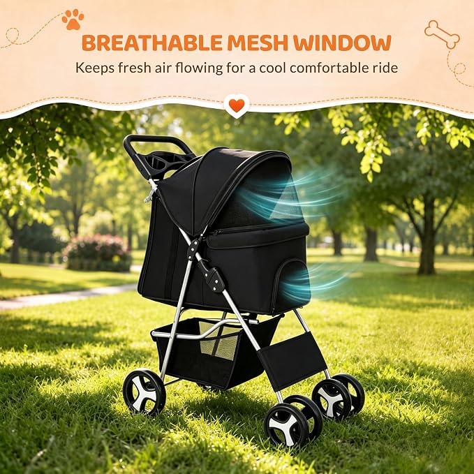 ZENY Foldable Pet Stroller, Cat/Dog Stroller with 4 Wheel, Pet Travel Carrier Strolling Cart with Storage Basket, Cup Holder (Black)