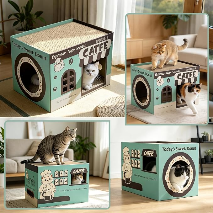 ARGOPET Cardboard Cat Scratcher House, Cozy Cardboard Design with 2 PCS Scratching Pads, Cat Scratcher Box & Bed, 17-Inch Corrugated Cat Scratcher, Safe and Secure for Kittens, Easy to Assemble（Green）
