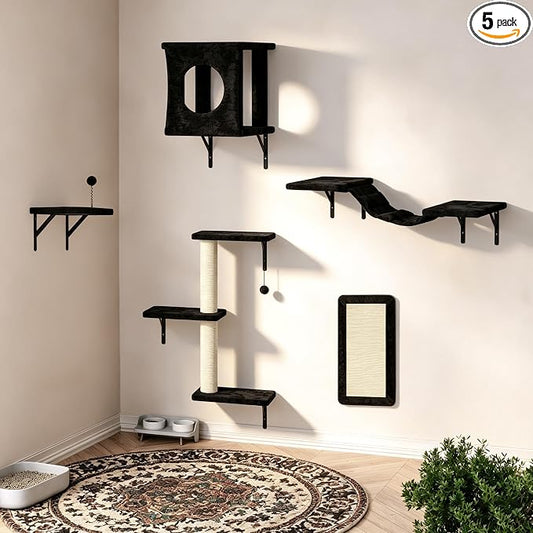 5 Pcs Cat Wall Shelves Set, Wall-Mounted Climber with Cat House, Scratching Post, Bridge, Hammock, Space-Saving Play Furniture, Black