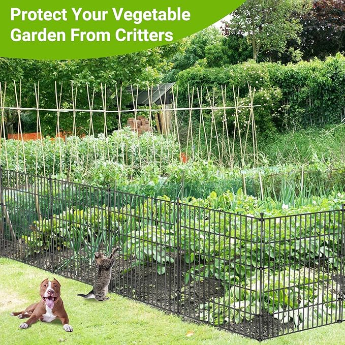 10 Panels No Dig Decorative Outdoor Garden Fence for Yard, 32 in(H) X 23.6 ft(L) Animal Barrier Fencing Rustproof Metal Wire Panel Border for Dog, Rabbits, and Patio Temporary Ground Stakes