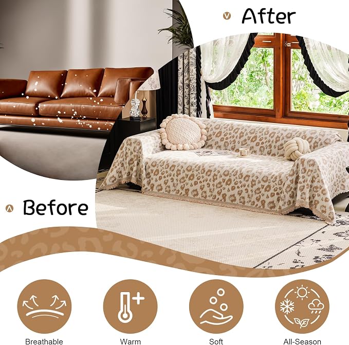 VClife Boho Couch Cover, Vintage Khaki Leopard Print Sofa Cover for Pet, 1 Piece Washable Durable Loveseat Cover, Modern Versatile Furniture Protector for Bedroom Living Room, 71''x118''