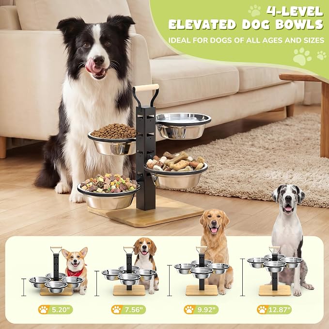 Elevated Dog Bowls Stand - 4 Heights Raised Dog Bowl Large Sized Dog - Dog Feeding Station - Dog Food and Water Bowl Set with Portable Handle - Suitable for Multi-Dog Feeding