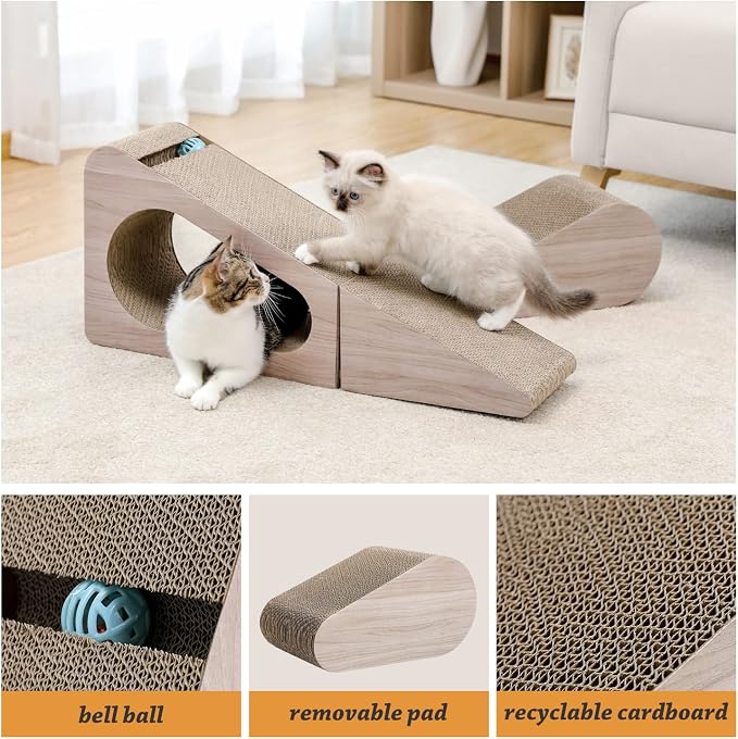 PAWZ Road 28.3" Cardboard Cat Scratcher Triangle 2 in 1 Cat Scratching Ramp | Incline Cat Scratching Pad,Cardboard Scratching Post Double as Cat Tunnel Scratcher with Interactive Toy Balls for Indoor Cat