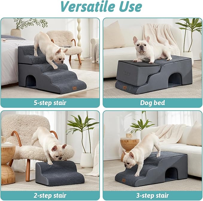 Extra Wide Dog Stairs with Tunnel, Detachable Large Pet Step for Small Medium Dog, Puppy or Cat, Ramp for High Bed, Couch, Sofa or Car, Stable, 19.7x33x22.4 inch, 5 Step, Charcoal Grey