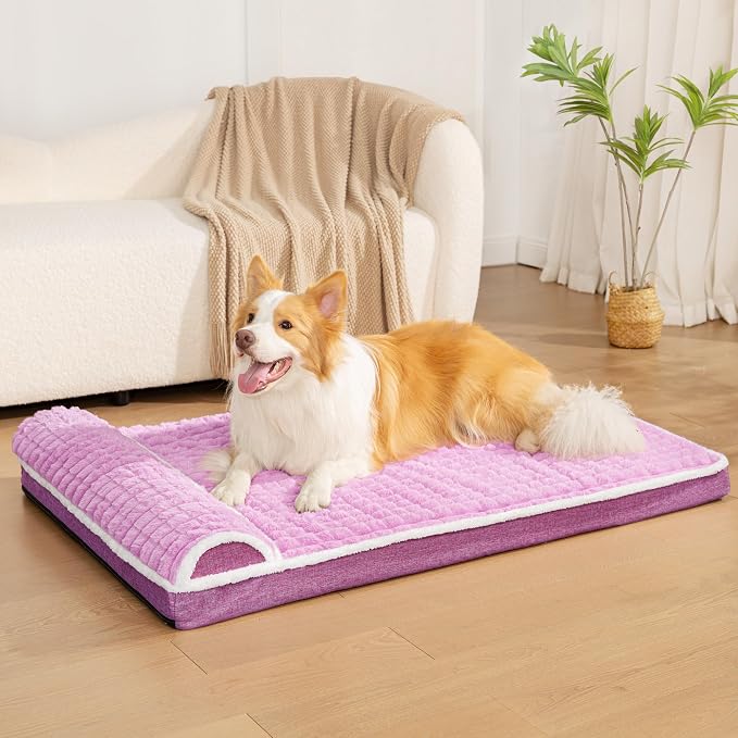 Orthopedic Large Dog Bed Pillow Pet Sofa Bed 48''X30'' Lilac | Egg-Crate Foam Pet Couch Large Sized Dog, Waterproof Removable Washable Cover,Furry Puppy Crate Mat With Nonskid Bottom