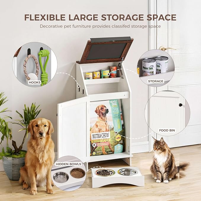 FIMELLO Dog Feeding Station with Storage, Dog Food Cabinet with 2 Hidden Feeding Bowls, Flip-Top Pet Storage Cabinet, Pet Food Holder, White Grain