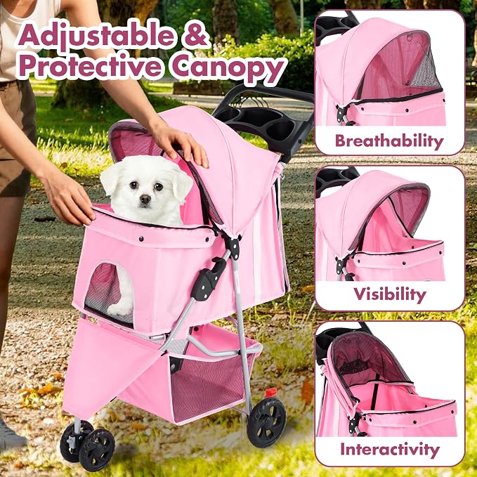 3 Wheel Pet Stroller for Dogs and Cats, Foldable, Lightweight and Durable, Ideal for Small to Medium Pets, Includes Storage Basket and Cup Holders