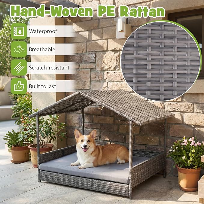 Giantex Outdoor Wicker Dog House with Roof Canopy, Elevated Rattan Dog Bed with Washable Cushion, Weatherproof Patio Pet Bed for Small Medium Dogs, Heavy Duty Metal Frame, 165 lbs, Gray