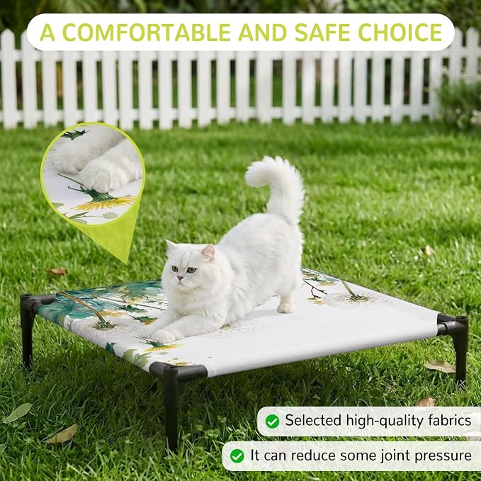 Outdoor Elevated Dog Bed for Small Dogs, Hanging Dandelions Breathable Cooling Raised Dog Cot for Indoor/Outdoor, Green Leaves Botanical Flower Minimalist Waterproof Elevated Pet Beds, S 20 x 20 in