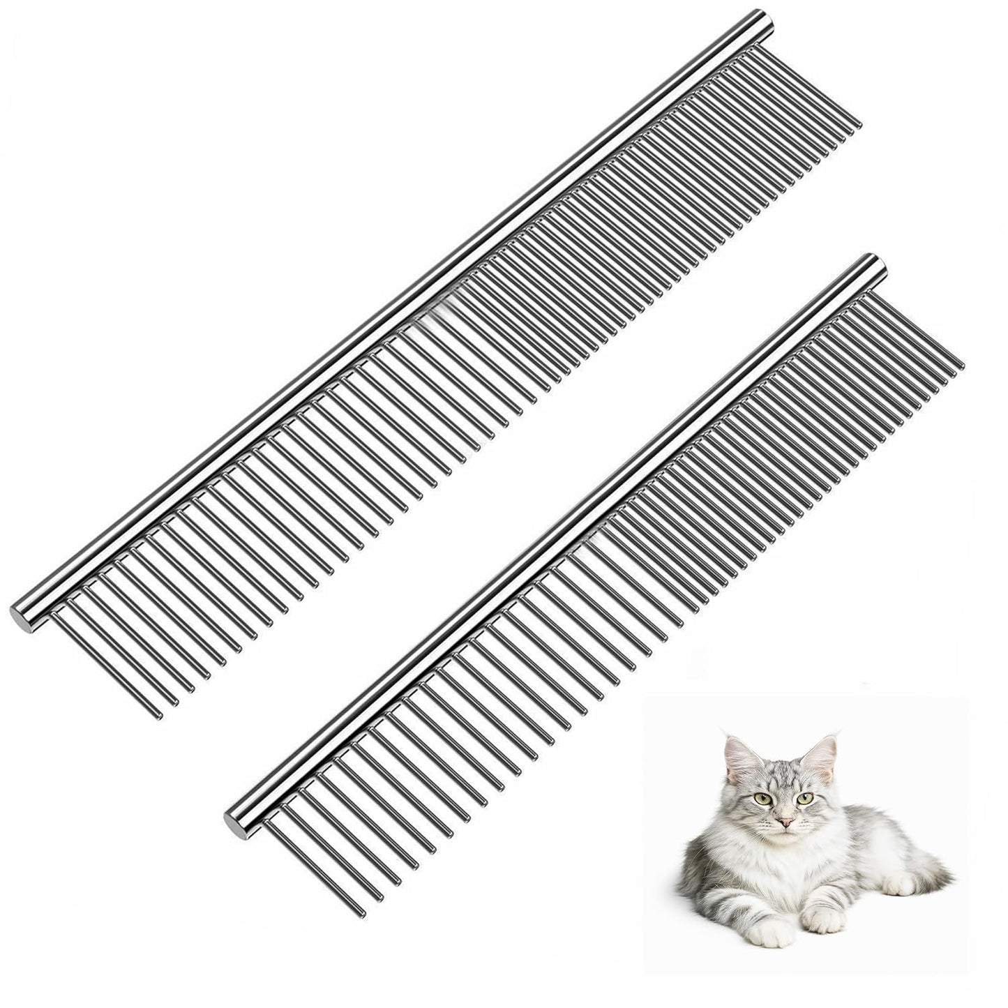 Dog Comb and Cat Combs Stainless Steel Teeth, Grooming Tool for Long & Short Hair, Dematting Comb for Dogs, Removes Tangles & Knots (Small and Large Silver)