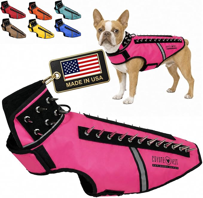 CoyoteVest SpikeVest Dog Harness, Made in the USA, M-Neon Pink | Stab-Resistant Protective Vest | Coyote Vest for Dogs | Defends Against Coyotes, Dogs, Birds of Prey | Reflective Safety