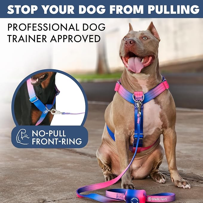 Spark Paws Comfort Control No Pull Dog Harness - Heavy Duty Front Clip | Safety Tested for Strong Breeds, w/ Metal Buckle & Top Handle – Padded Y-Straps Redirect Pulling. Solo or Matching Leash Set