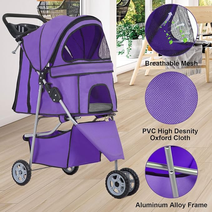 BestPet 3 Wheels Pet Stroller Dog Cat Cage Jogger Stroller Waterproof Puppy Travel Folding Carrier with Cup Holder,Purple