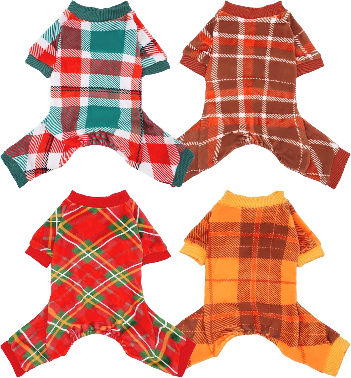 PET SHOW 4 Pack Small Dog Pajamas Holiday Dog Clothes Doggies Girl Boy Soft Stretchy PJs Plaid Jumpsuit Puppy Cats Fall Onesies Christmas Outfits with Sleeve Pets Dachshund Costume(S, Plaid)