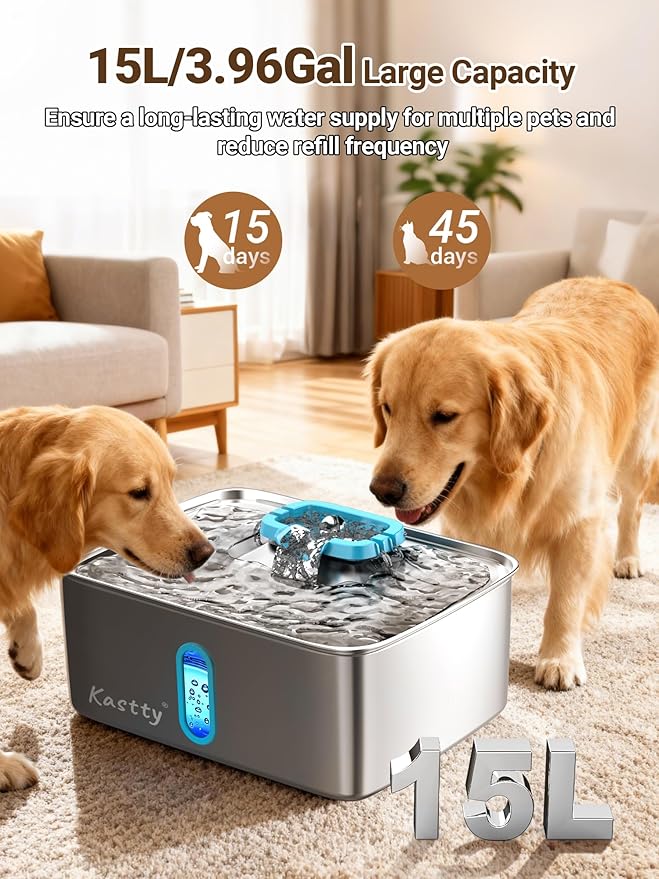 Kastty 3.96 Gal Large Dog Water Fountain,15L Stainless Steel Dog Water Bowl Dispenser with Water Level Window and LED Light,Ultra Quiet Automatic Pet Water Fountain Easy Cleaning(FS78,Blue)