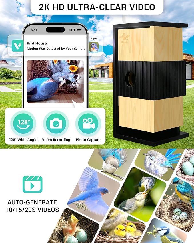 Kicari Bird House with Camera 2K HD, Solar & Battery Powered, Dual Night Vision, PIR Motion Sensor, Two-Way Audio, WiFi App Control, Smart Weatherproof Wooden Bluebird Nest Box for Outdoors, Natural