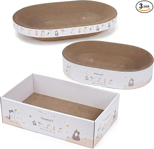 PatiencET 3-in-1 Cat Scratcher Cardboard Set for Indoor Cats | Cat Lounge Box with Wide & Slim Oval Cat Beds, Corrugated Cat Scratching Board for Furniture Protection, Rest & Play