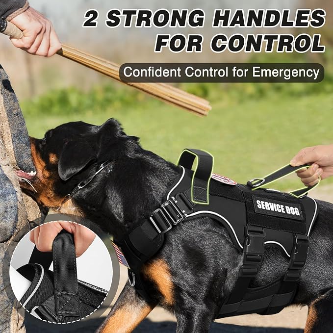 Tactical Dog Harness and Leash Set with Metal Buckles+10 Patches | Heavy Duty Service Dog Vest ,Adjustable Harness for Large Sized Dogs,No Pull Front Back Clips,for Training Hiking,Black L
