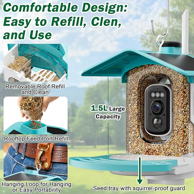 Jarkyfine Smart Bird Feeder with Camera Solar Powered - AI Bird Identification, 2K HD Video Live Stream Camera, 3MP Photos, 2.9in Focus, Gifts for Mom Dad Birdlovers, Blue